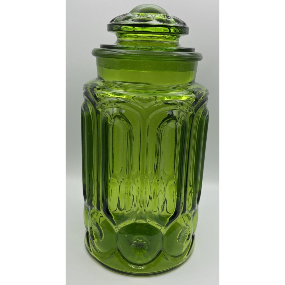 Vintage L.E. Smith Moon and Stars Green Glass Canister 12 x 6.5 inch